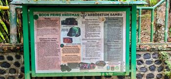 Papan informasi tentang arboretum bambu atau kebun botani di Kawasan Boon Pring, Sanankerto, Turen, Kabupaten Malang, Jawa Timur,