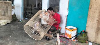 Membuat kerajinan bambu sangkar burung menjadi kesehariaan warga Selaawi, Kabupaten Garut. 